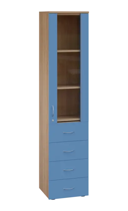 LE - 44 skříň léková prosklená, pravá, korpus dub bardolino, dvířka pastelově modrá